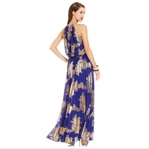 Blue and metallic gold pleated gown